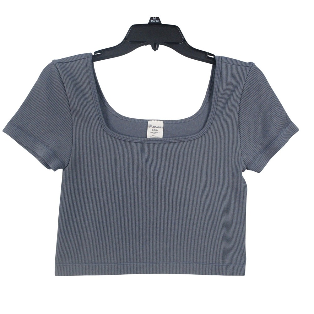 No Boundaries Womens Ribbed Square Neck Crop Top‎ Short Sleeve Blue Gray L 12-14